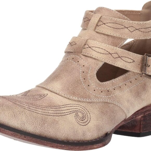 Womens Western Style Leather Ankle Boots Snip Toe Low Heel Buckle Straps - Picture 1 of 9